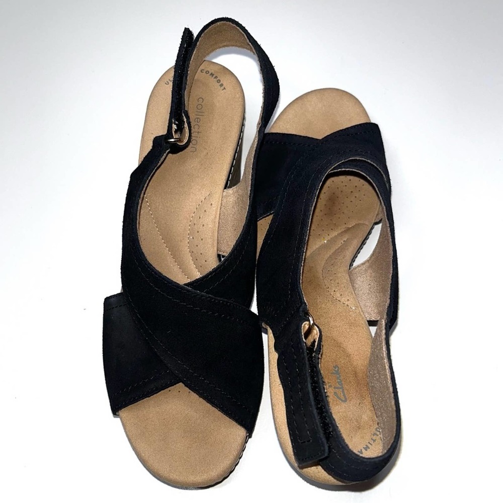 Clarks Black Suede Wedge Sandals Size 9 - Picture 6 of 12